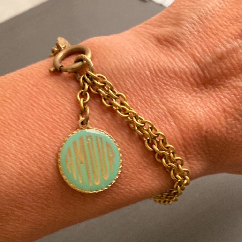 Catherine Popesco vintage French bracelet -double chain and enamel “amour” charm